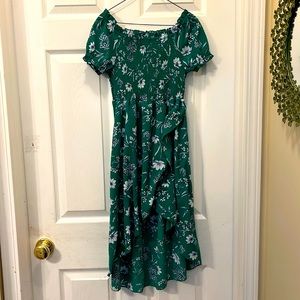 Green flowered hi-lo dress, girls size 7